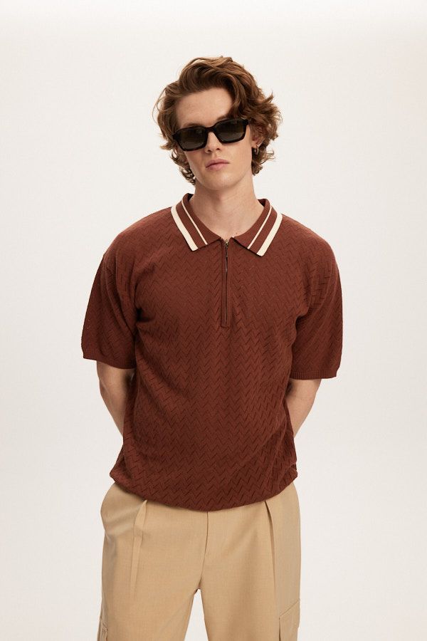Kuwalla Tee Rust Brown Knit Zip Polo Sweater