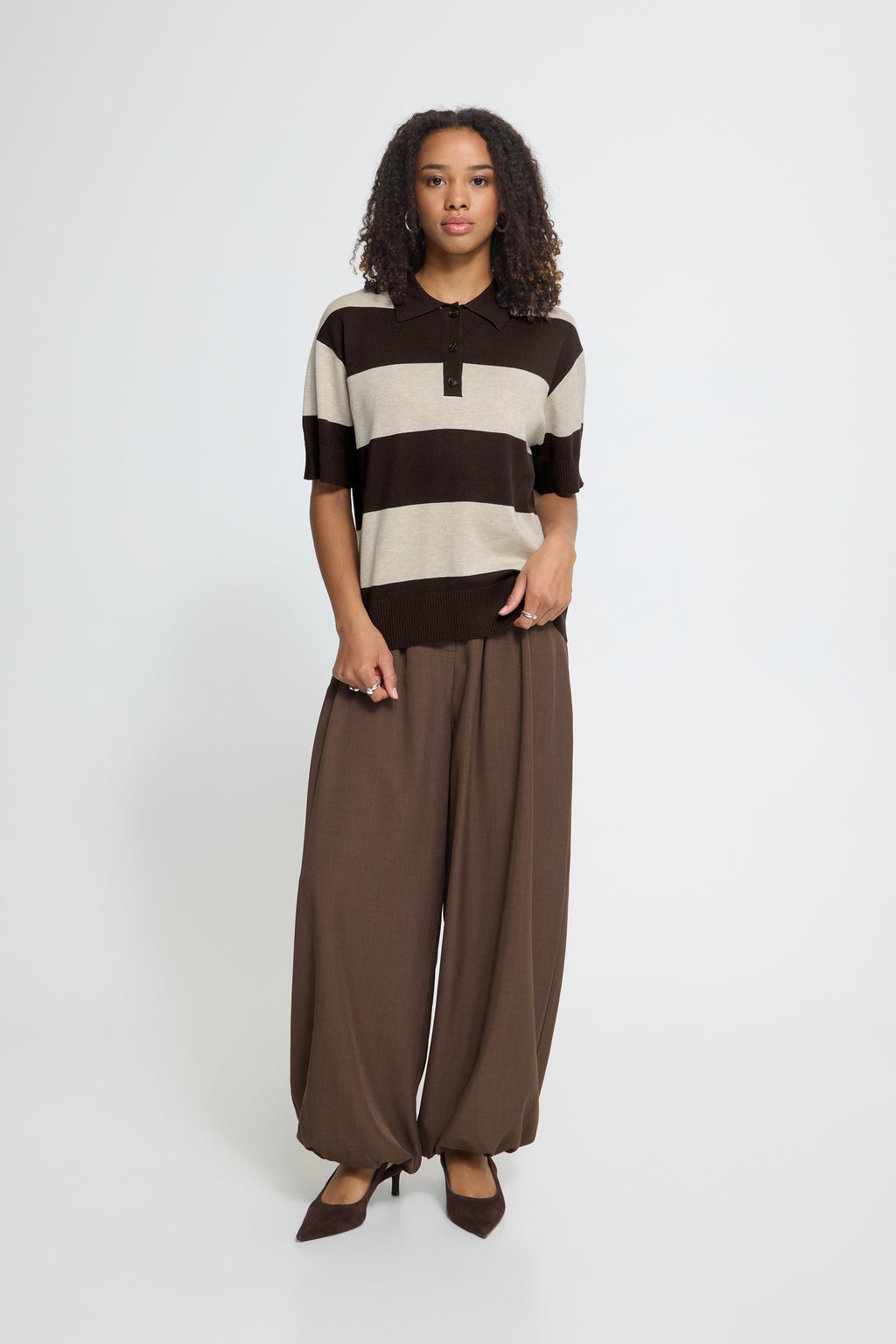 Ichi Striped Brown Loose Polo