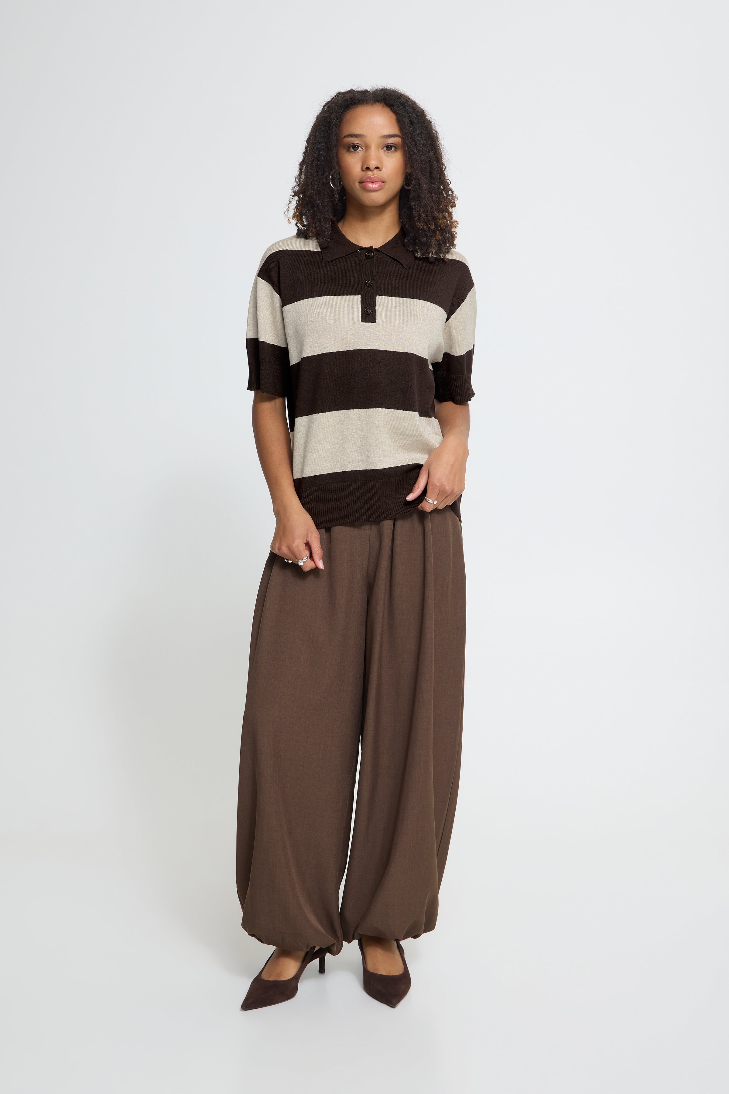 Ichi Striped Brown Loose Polo
