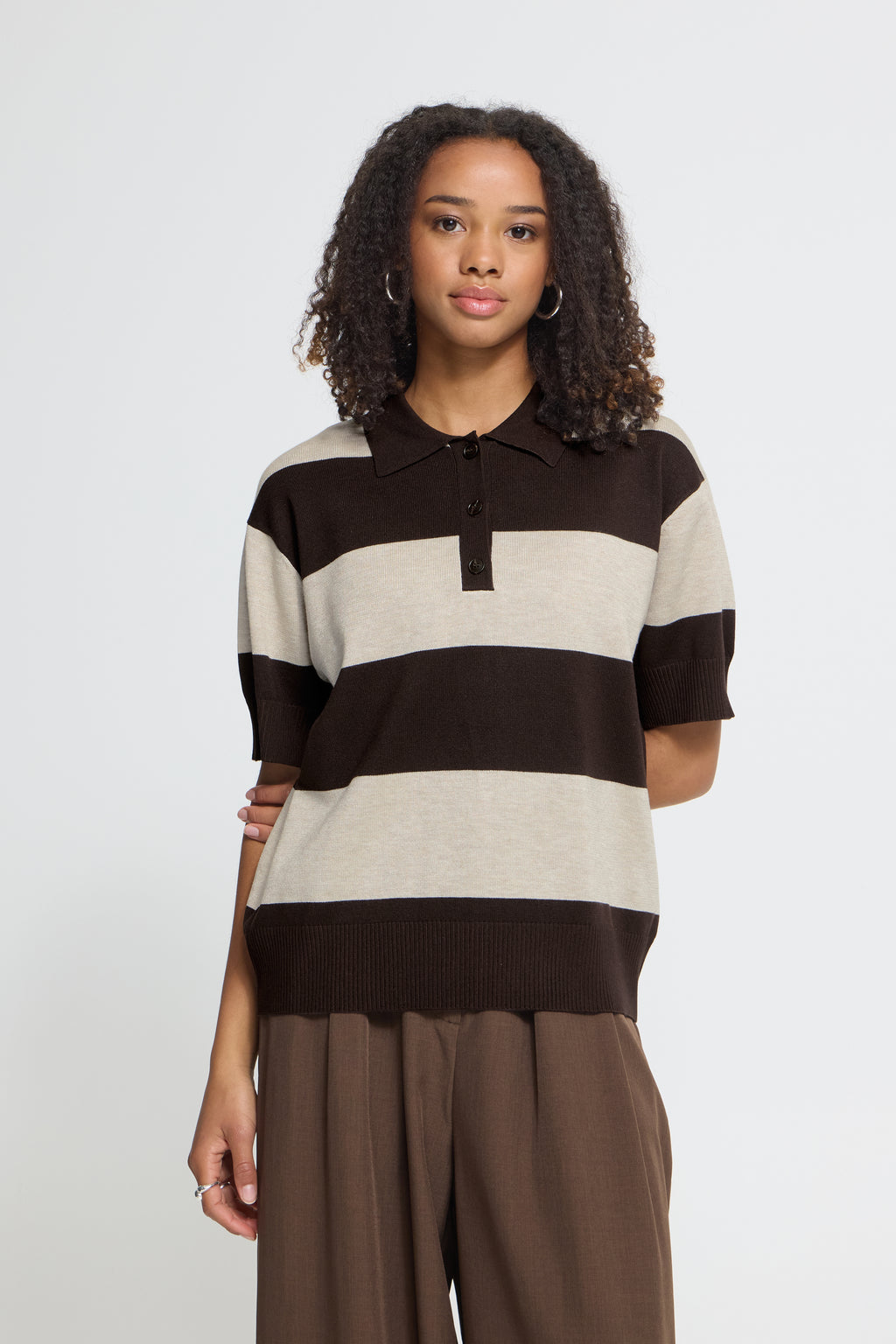 Ichi Striped Brown Loose Polo