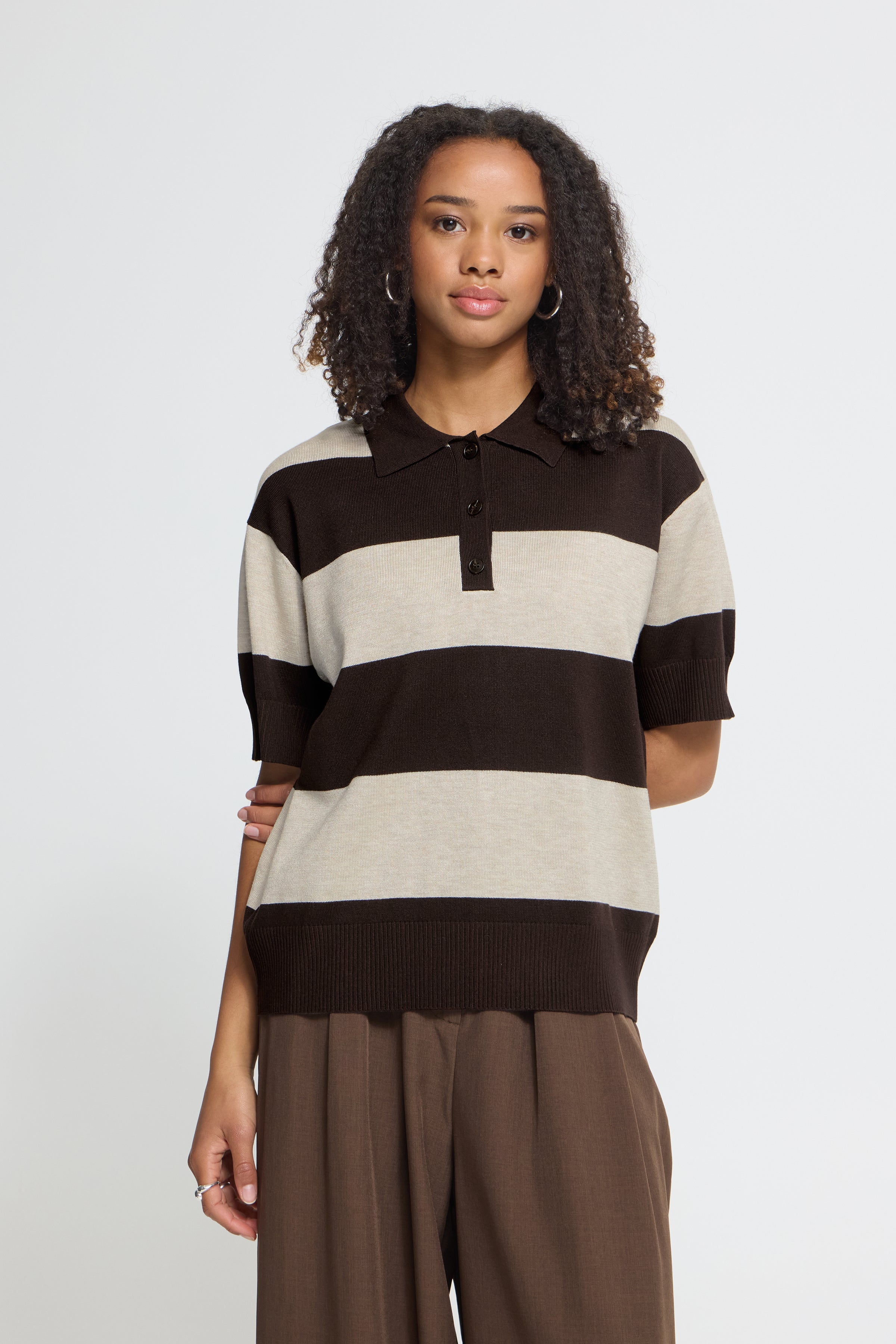 Ichi Striped Brown Loose Polo