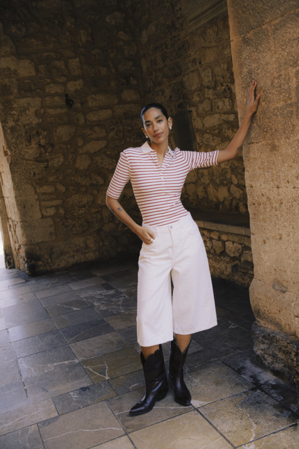 B.Young White/Red Polo Top Sanana