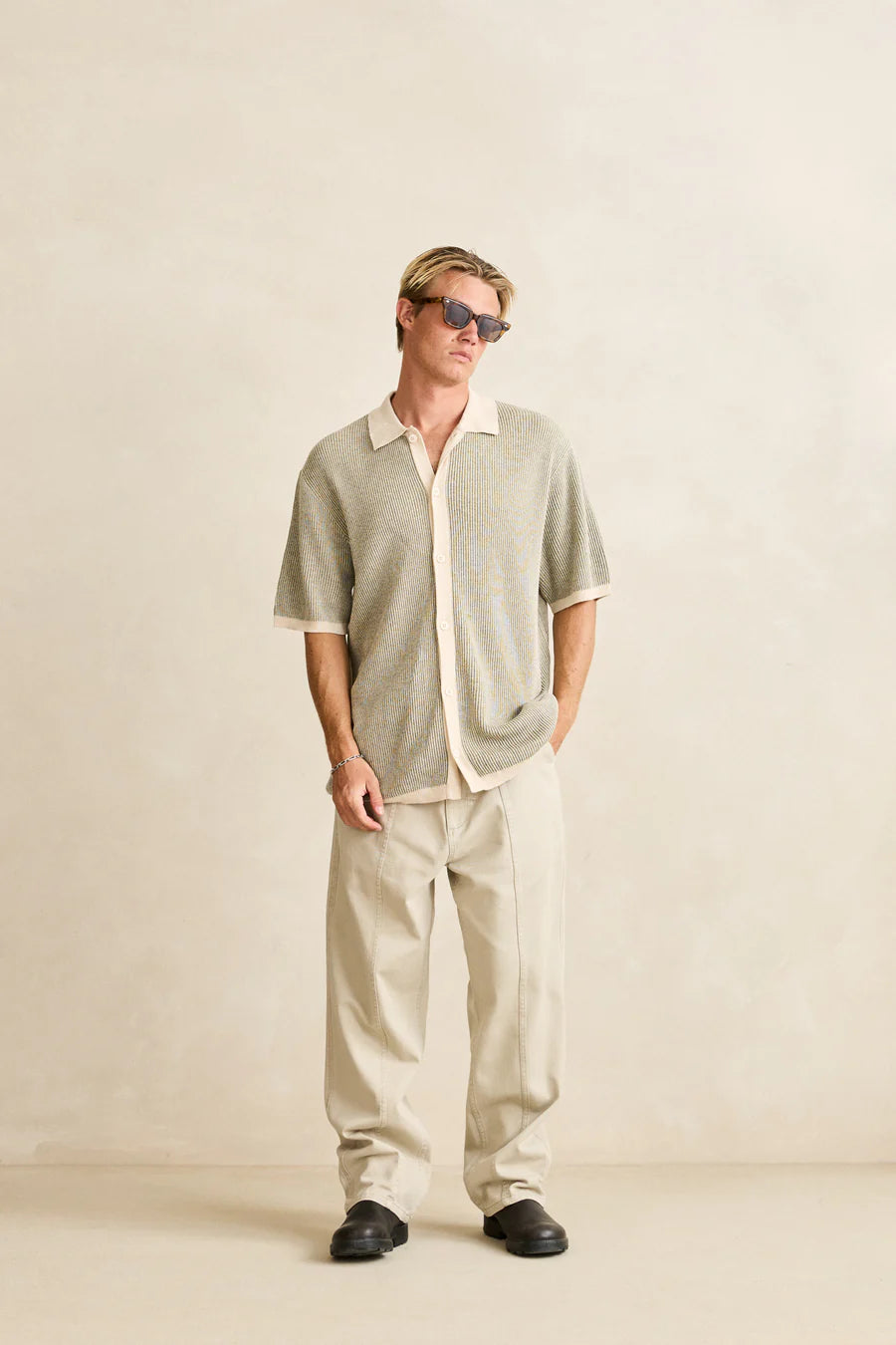 Rhythm Hi-Lo Knit Polo Beige/Green