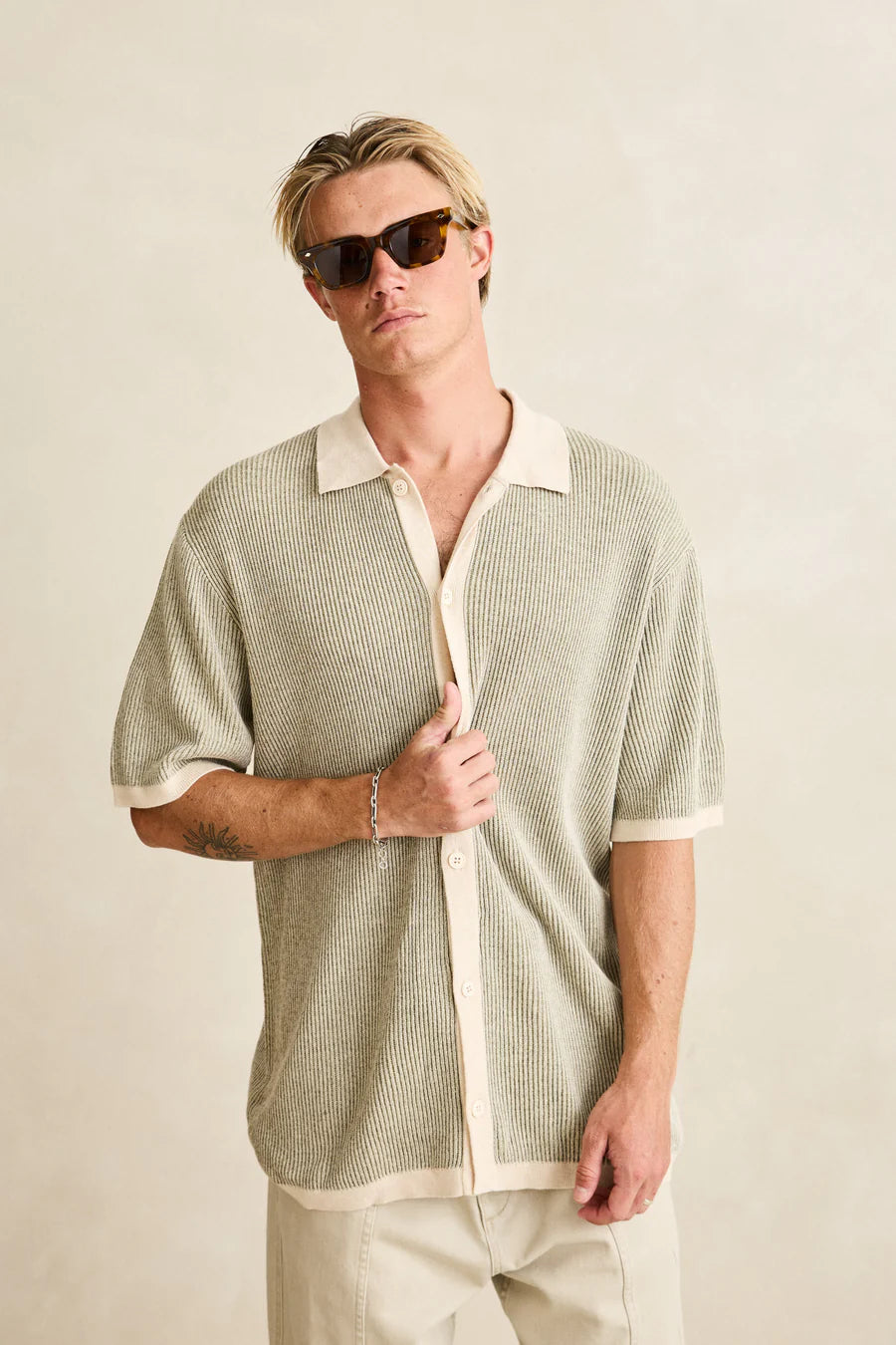 Rhythm Hi-Lo Knit Polo Beige/Green